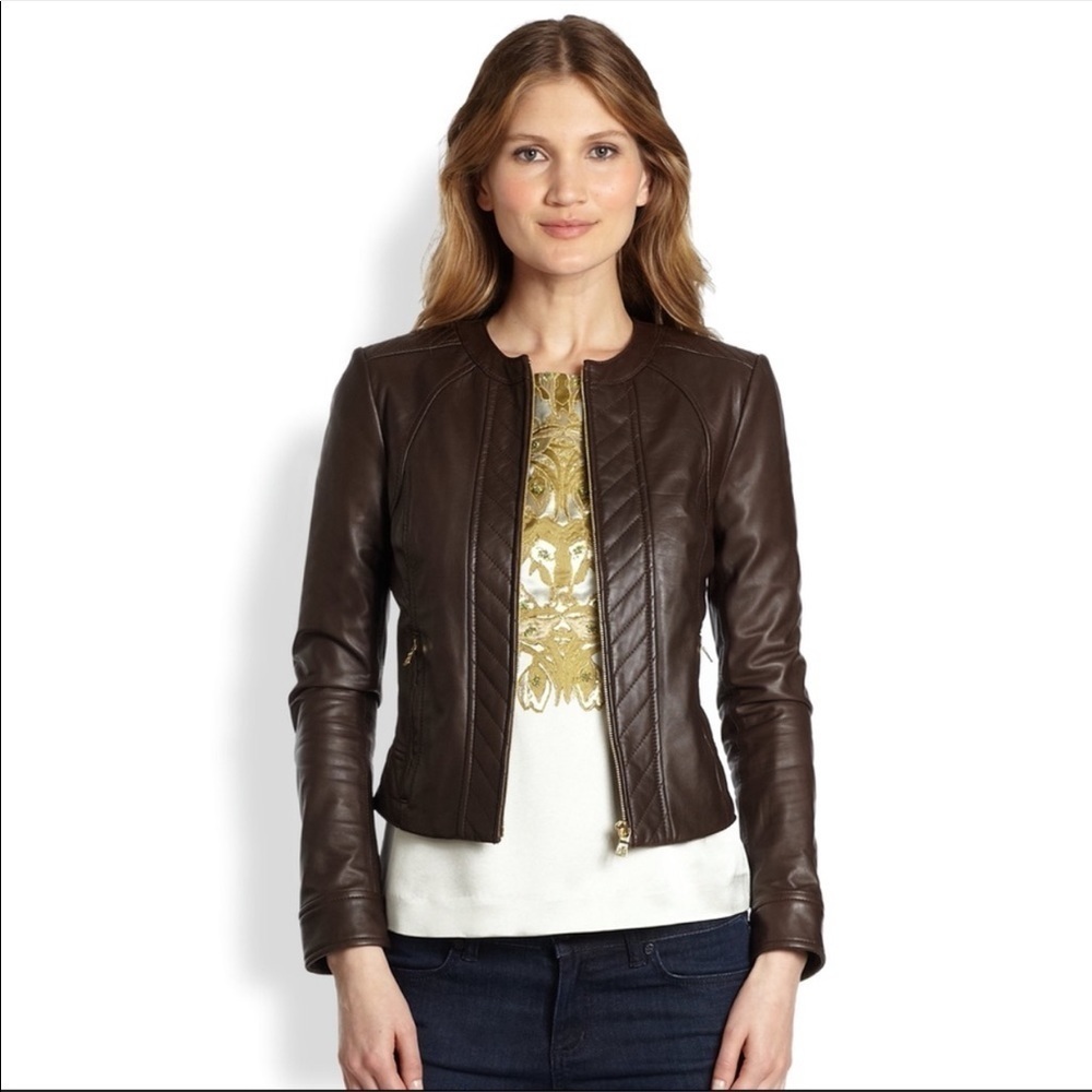 Tory Burch | Daphne Cropped Leather Jacket Brown 4 NEW - Picture 4 of 9